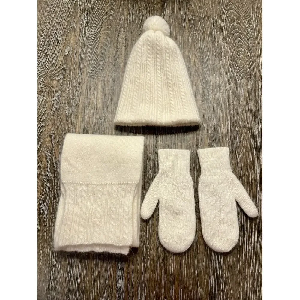 NWOT Girls Wool Angora Cable Knit Scarf, Hat & Mittens Set‎ Made In Europe